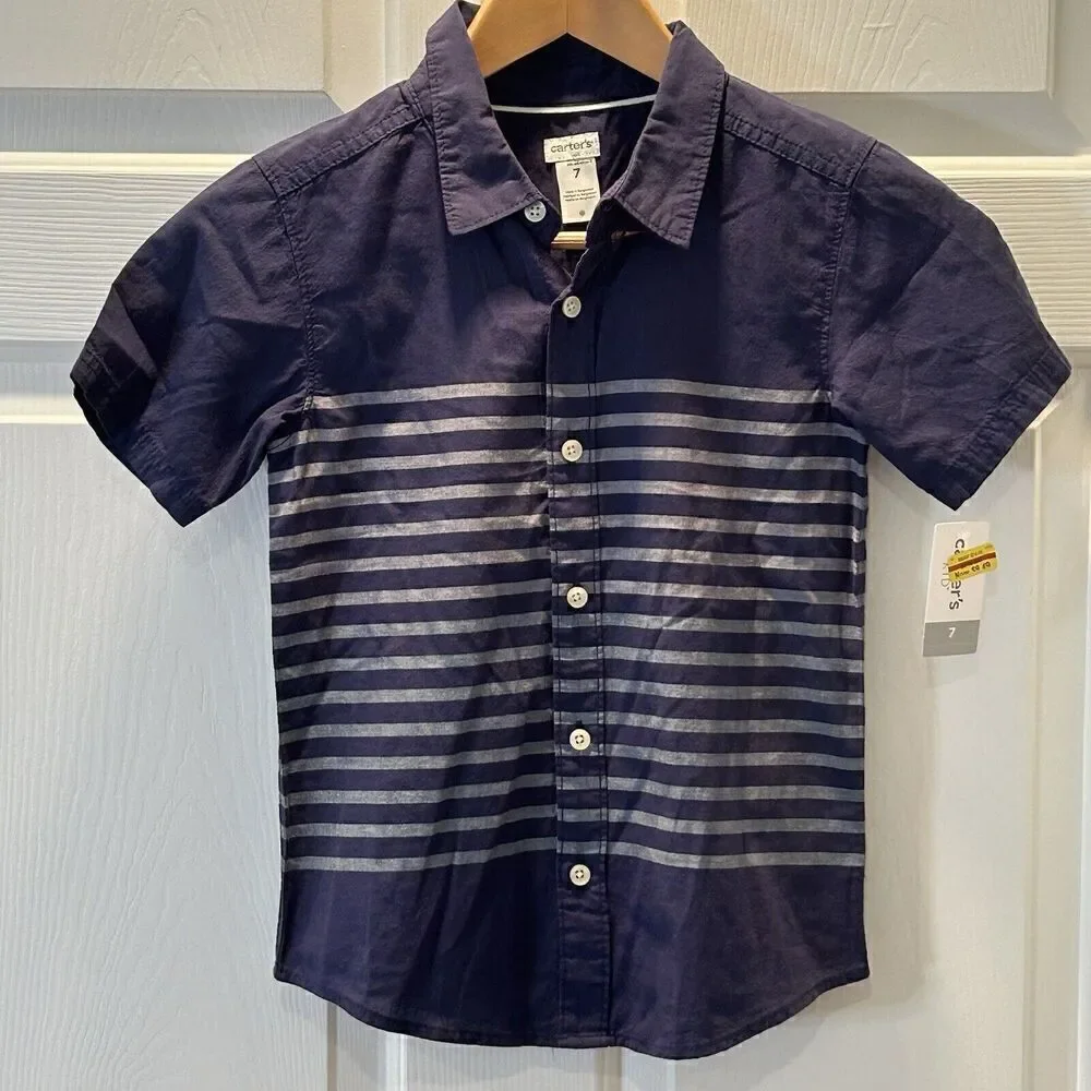 CARTER’S Kid Blue Striped and Solid Short Sleeved Button Front Shirt Boys Size 7